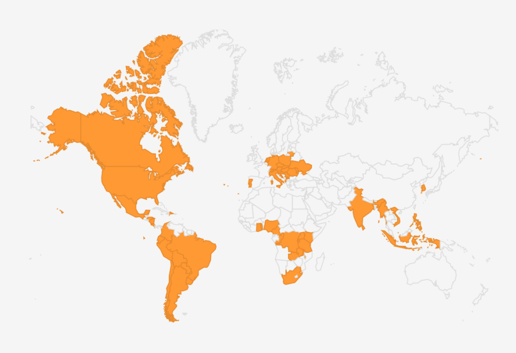 zdjęcie przedstawia mapę świata. Kolorem pomarańczowym zaznaczono państwa, w których funkcjonują oddziały Dzieła Kolpinga