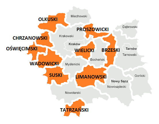 MAPA z zaznaczonymi na pomarańczowo powiatami: wadowicki, olkuski, suski, brzeski, limanowski, tatrzański, chrzanowski, oświęcimski, wielicki, proszowicki.